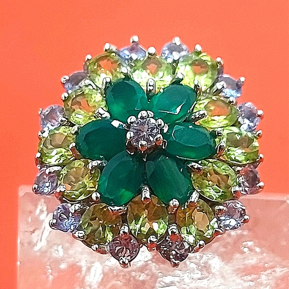 Natural Aventurine 6x4mm, Peridot, Tanzanite 925 Sterling Silver Ring Size 6.75 - Picture 7 of 10